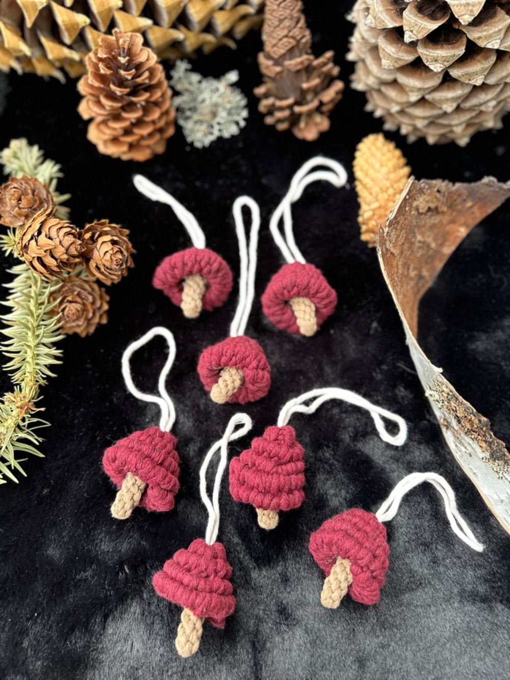 Handmade Burgundy Macramé Mushroom Ornaments with Cream Stems